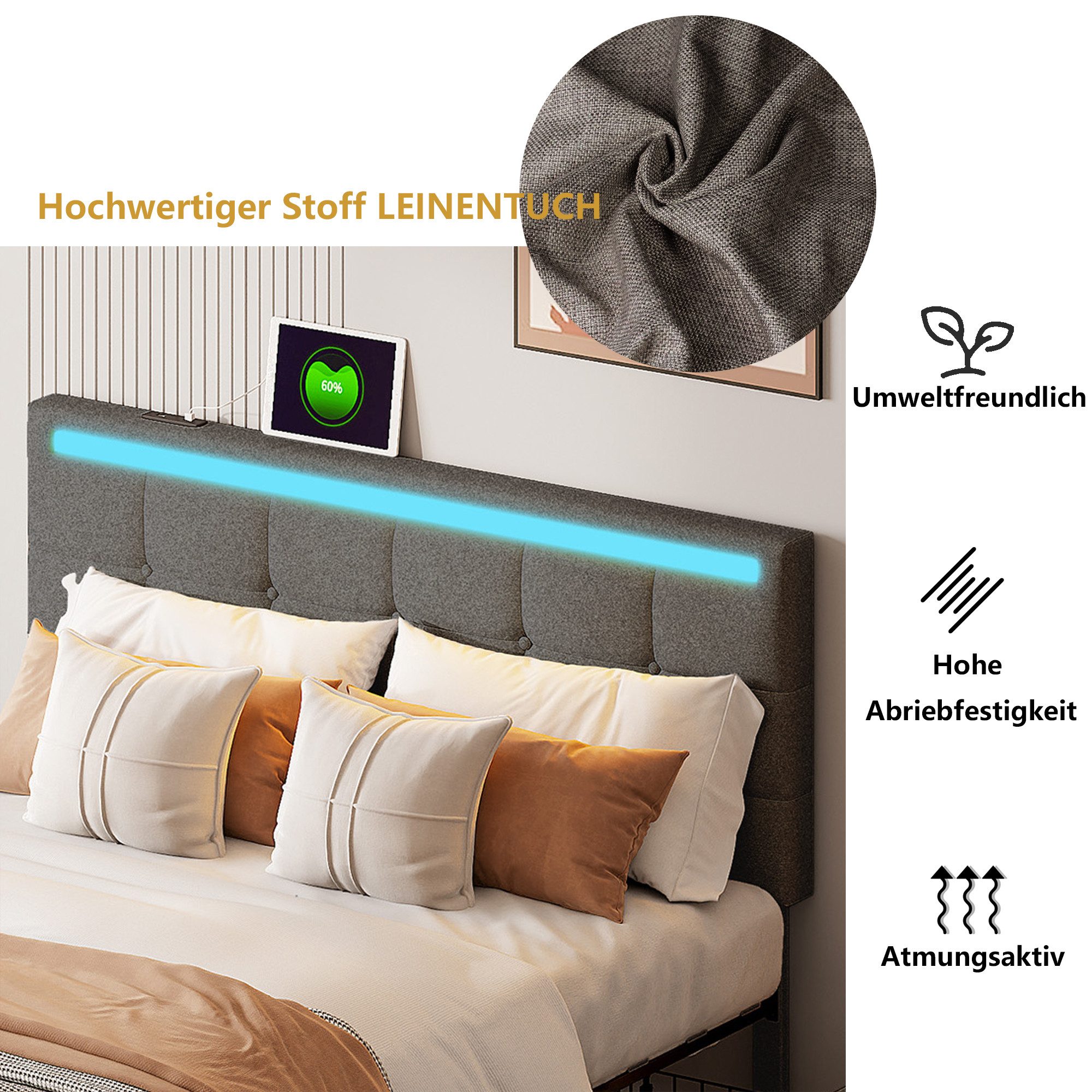 Polsterbett Doppelbett Stauraumbett Funktionbett- grau 2